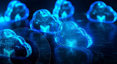 Glowing blue cloud icons float in a dark digital space, representing cloud computing and data networks.
