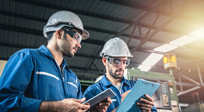 Two industrial workers in safety gear reviewing data on a tablet and clipboard inside a factory.