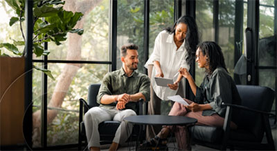Three individuals seated in a room, engaged in discussion while using a laptop on a table.
