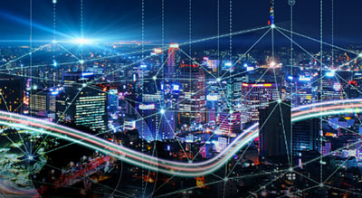A city landscape with connected network overlay depicting ai smart cities