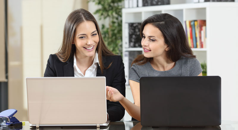 Two coworkers working side by side at desks discussing information on their laptops.