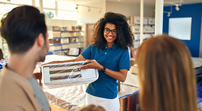 Employee in a retail store holding and showing a boxed product to two customers.