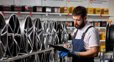 Worker in an auto parts store inspecting wheel rims while checking a tablet.