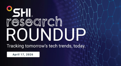 A tech-themed graphic with 'SHI Research Roundup' and 'Tracking tomorrow's tech trends, today.' Date: April 17, 2026. Blue digital grid background.