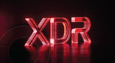 xdrr logo illuminated in red light, showcasing a modern and sleek design.