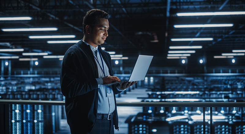 Person in data center shi halo behind