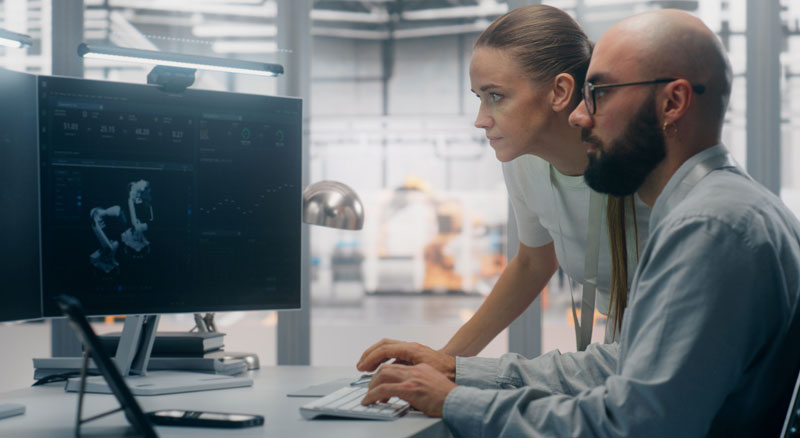 Two technology professionals collaborate at a workstation while reviewing information displayed on a computer monitor in a modern office environment.